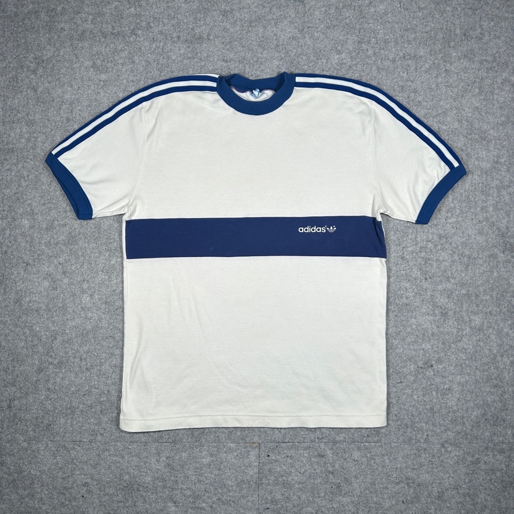 Adidas T Shirt Mens Large White Blue Vintage‎ Trefoil 3-Stripe Ringer Tee